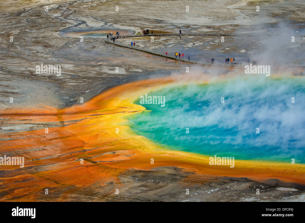 Grand Prismatic Pool at Yellowstone National Park with blue sky and puffy clouds Stock Photo