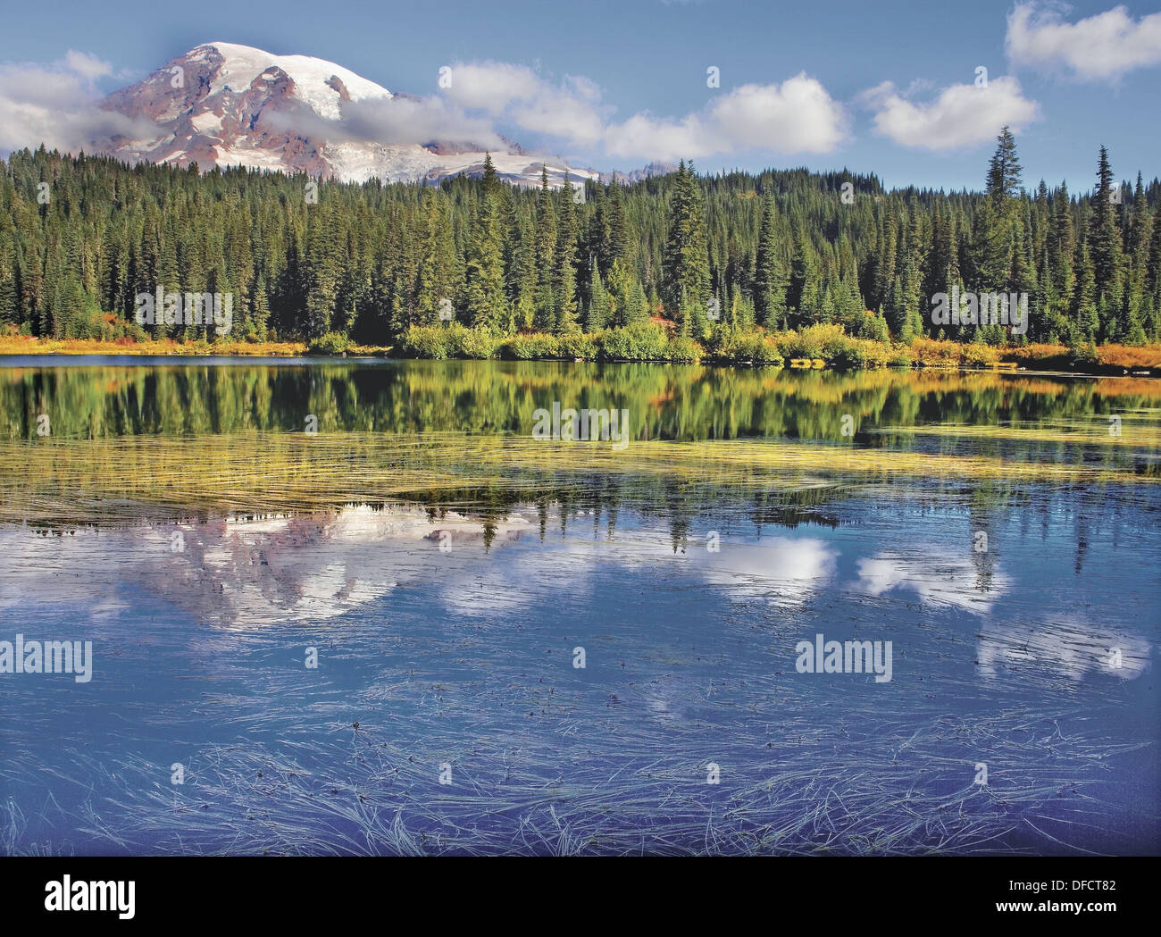 Mt. Rainier reflecting in Reflection Lake in the autumn in Mt. Rainier
