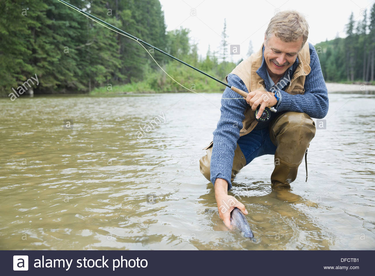 Mature man releasing fish back into river Stock Photo
