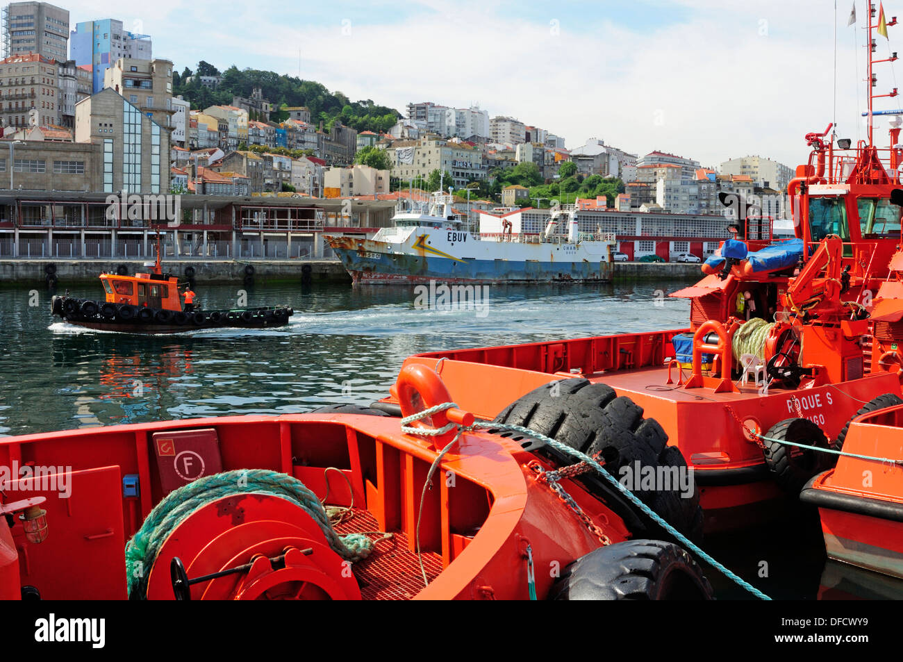 Tug boats tied to the docks. Vigo, Galicia, Spain Stock Photo