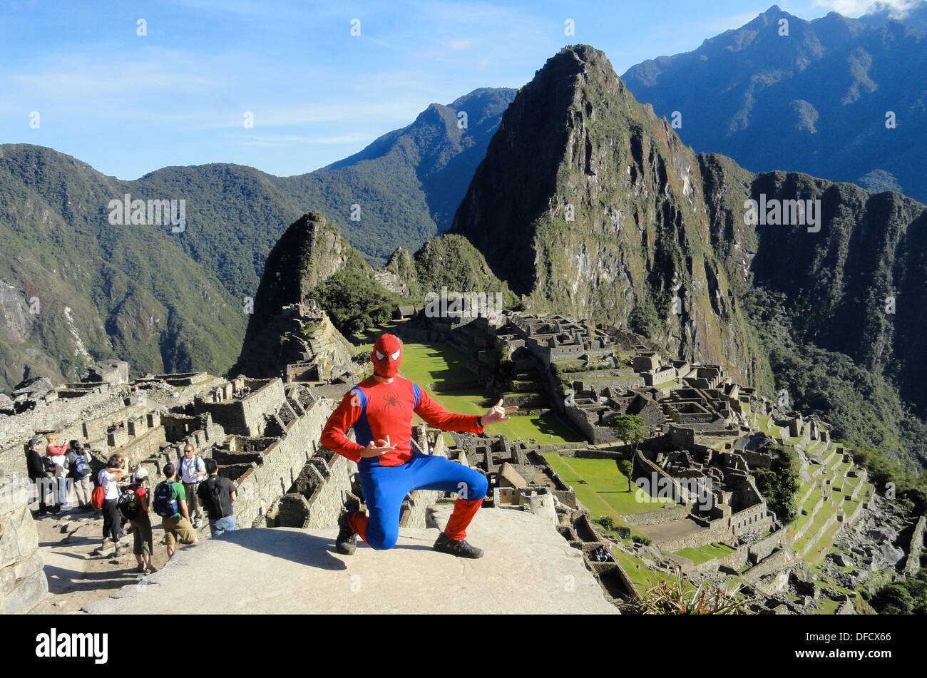 Spiderman at Machu Picchu, Cuzco, Peru Stock Photo