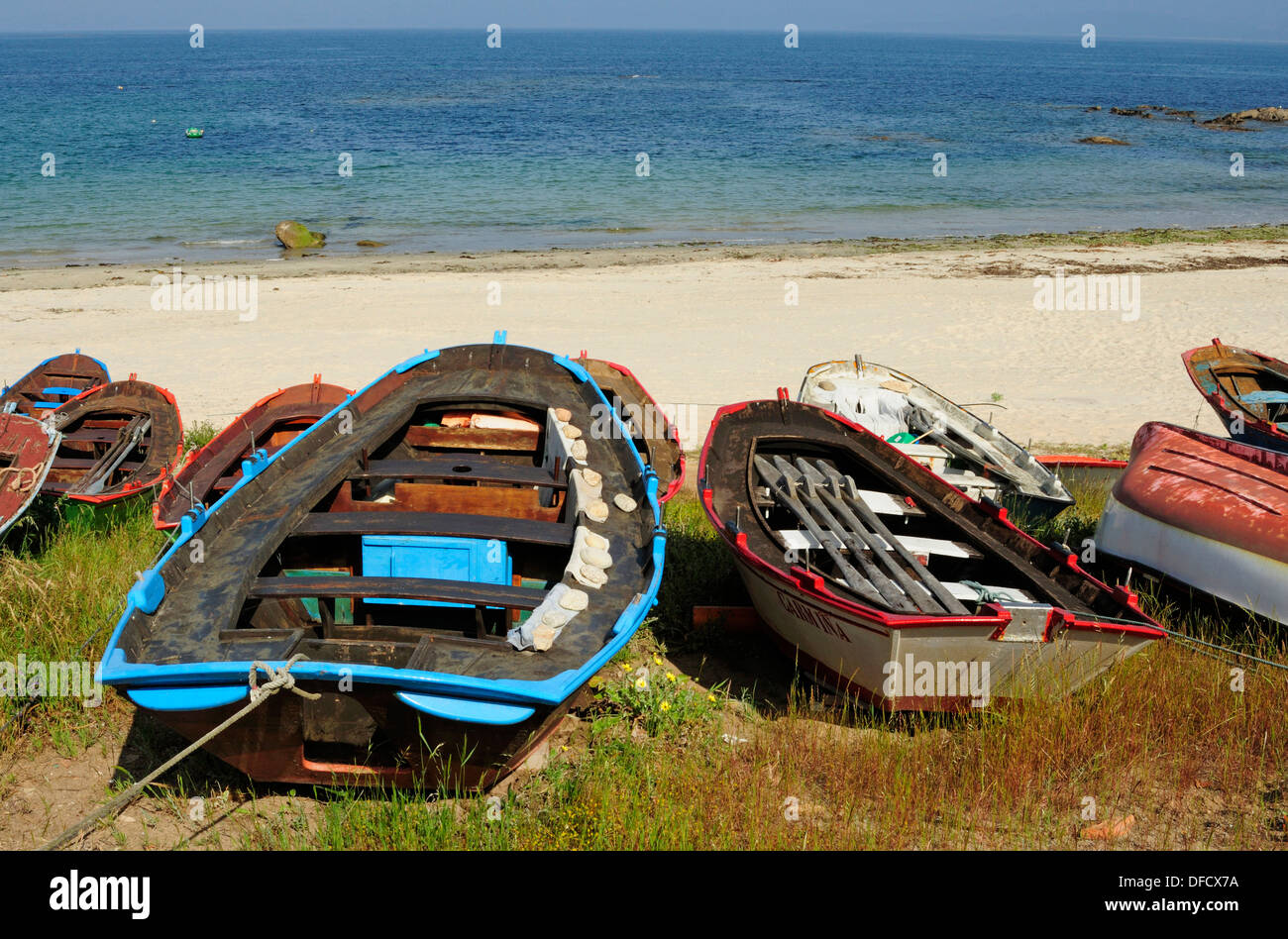Traditional fishing boats in the beach. Vigo, Galicia, Spain Stock Photo
