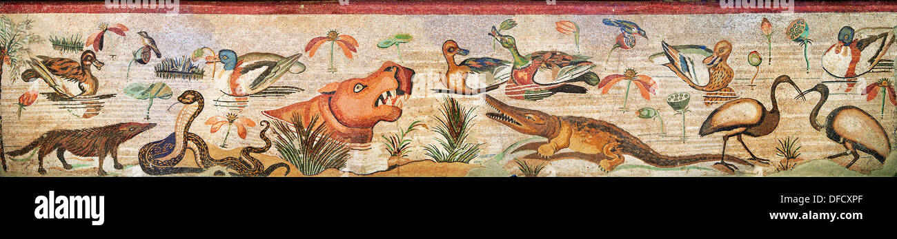 Nile Scene Roman Mosaic ( Scena Nileotica ) of animals from Pompei Archaeological Site. Naples Archaeological Museum inv 9990 Stock Photo