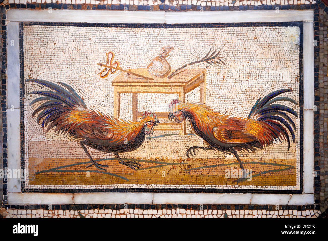 Roman Mosaic portrait of a Cockerel Fight from Pompei Archaeological Site. Naples Archaeological Museum Stock Photo