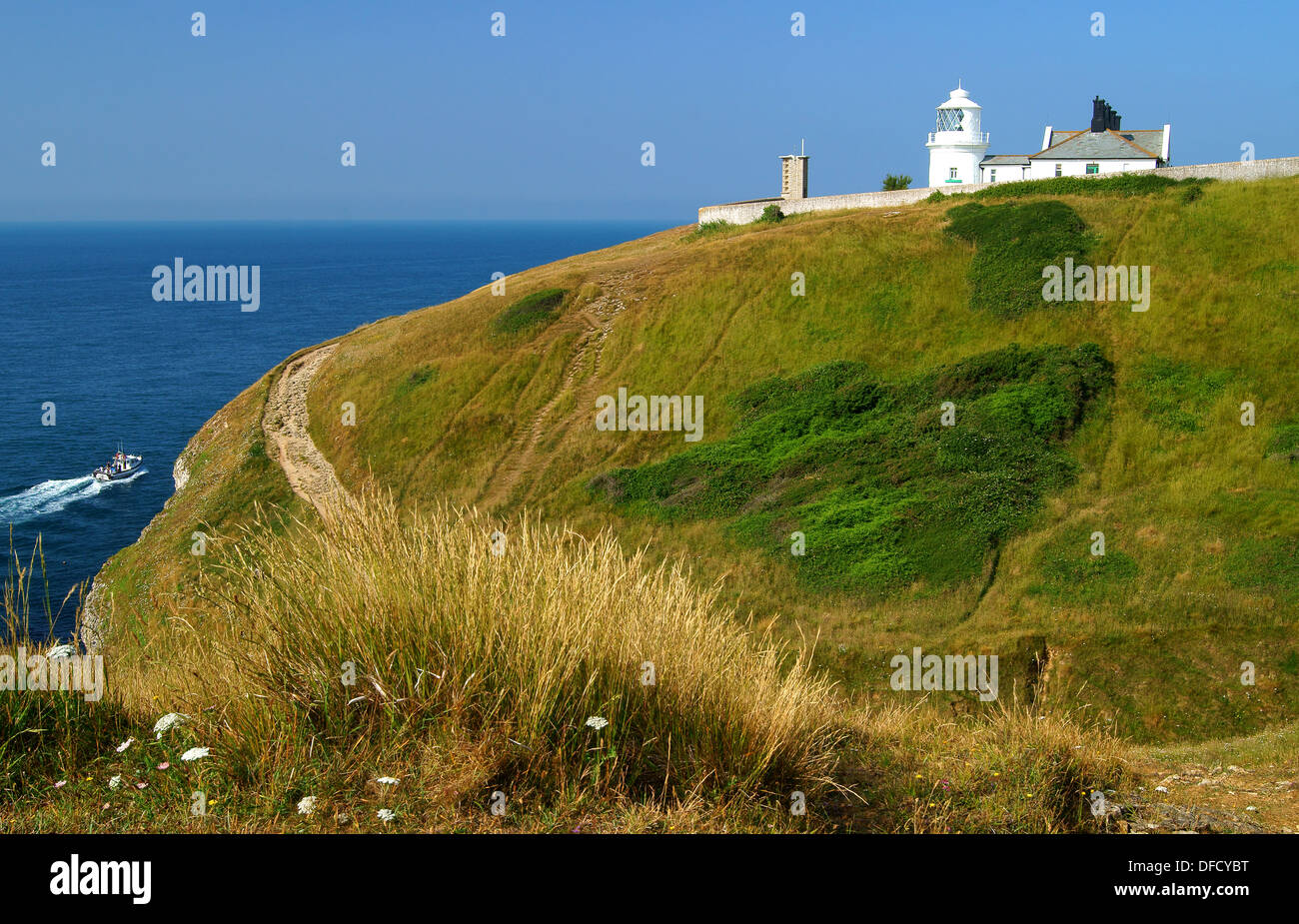 UK,Dorset,Swanage,Anvil Point Lighthouse & South West Coast Path Stock Photo