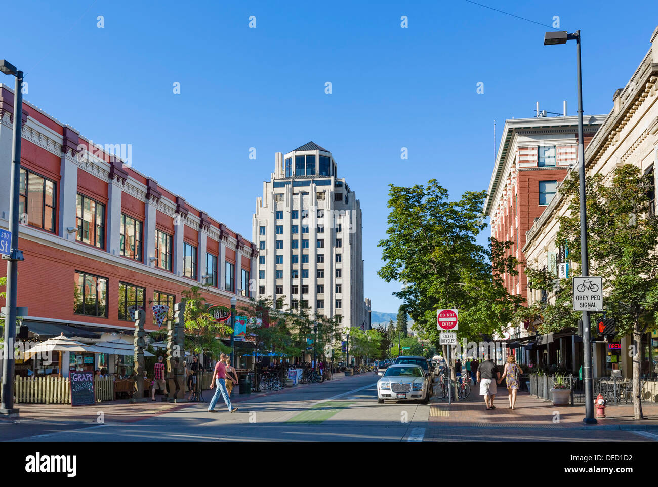 Bars, cafes and restaurants on N 8th Street in the early evening, historic downtown Boise, Idaho, USA Stock Photo