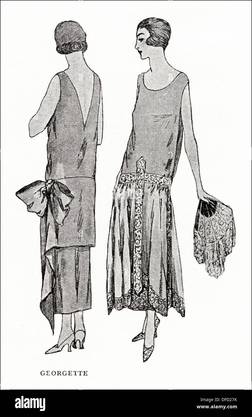 Flapper fashion of the 1920s. Gowns of white satin by designer Georgette. Original vintage illustration from a women's fashion magazine circa 1924 Stock Photo