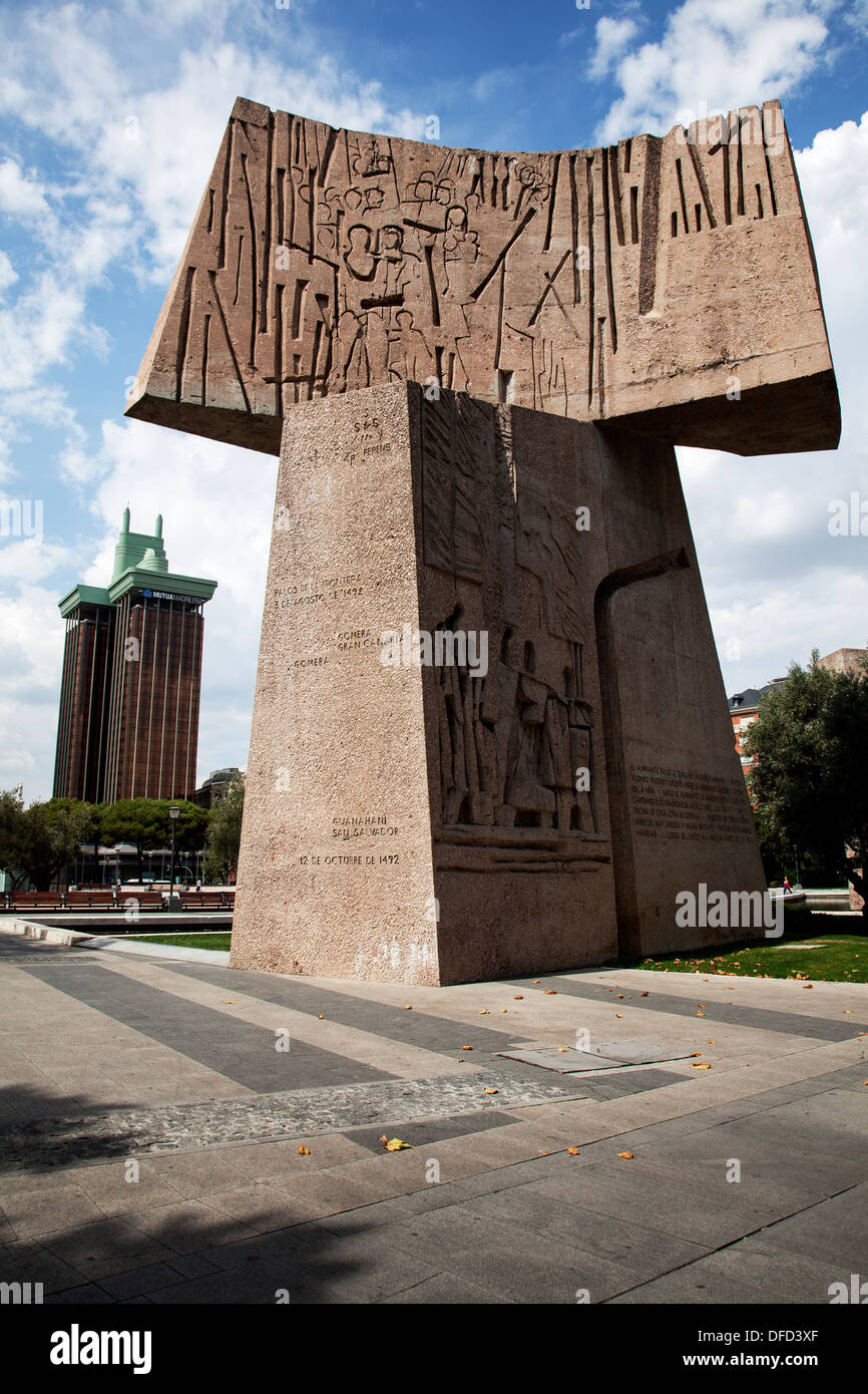 Columbus Monument by Joaquín Vaquero Turcios in the Plaza de Colón with the Mutua Madrileña in the background, Madrid Spain Stock Photo