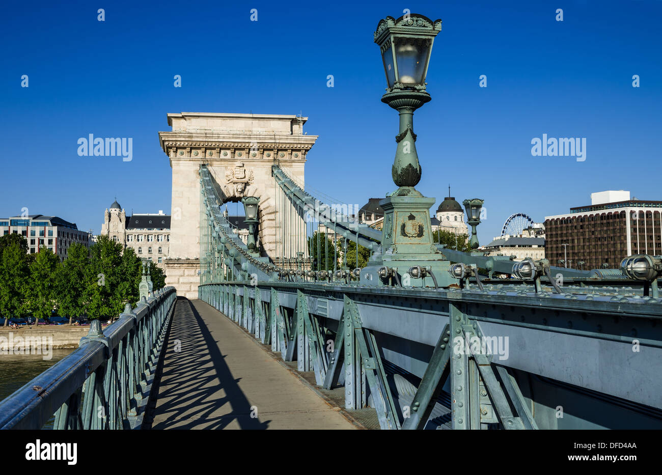 Szechenyi or Lanchid Chain Bridge is the first stone-bridge over Danube, one of the symbolics of Budapest, Hungary Stock Photo