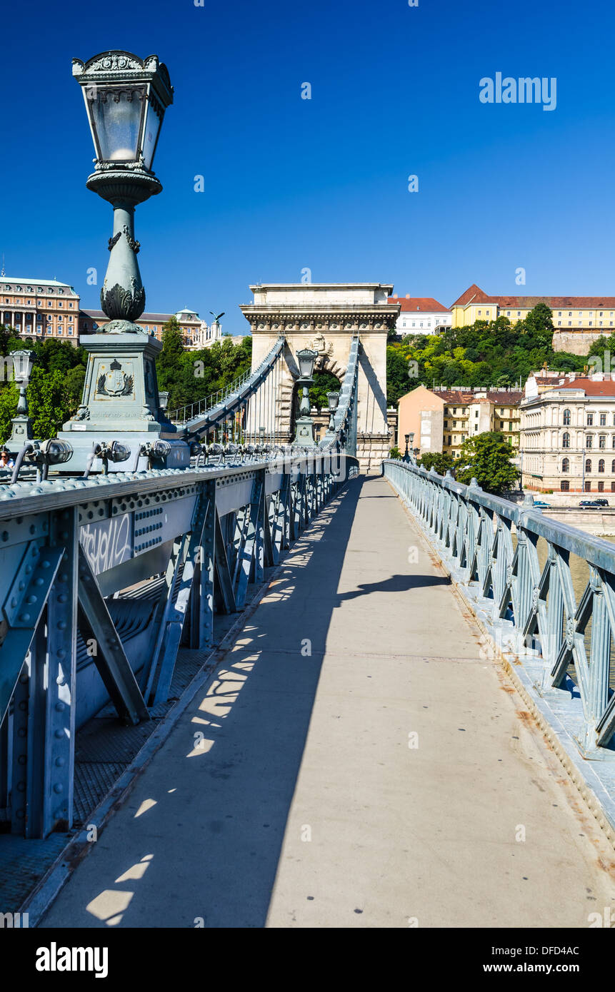 Chain Bridge, Szechenyi or Lanchid, was the first permanent stone-bridge in Budapest, Hungary, over Danube river Stock Photo