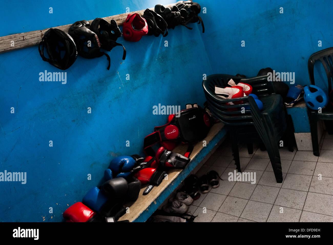 Boxing headgear and gloves seen in the boxing change room in Lima, Peru