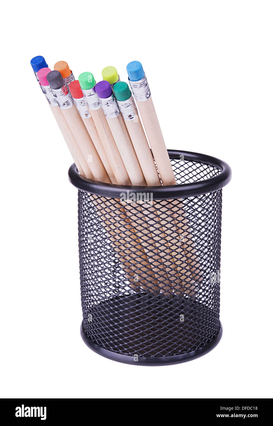 Several pencils with erasers different colours in a mesh cup isolated on white background Stock Photo