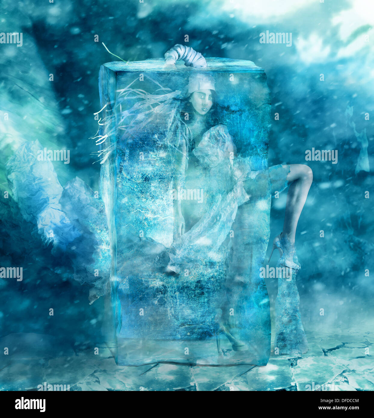 fairy woman frozen in a block of ice Stock Photo
