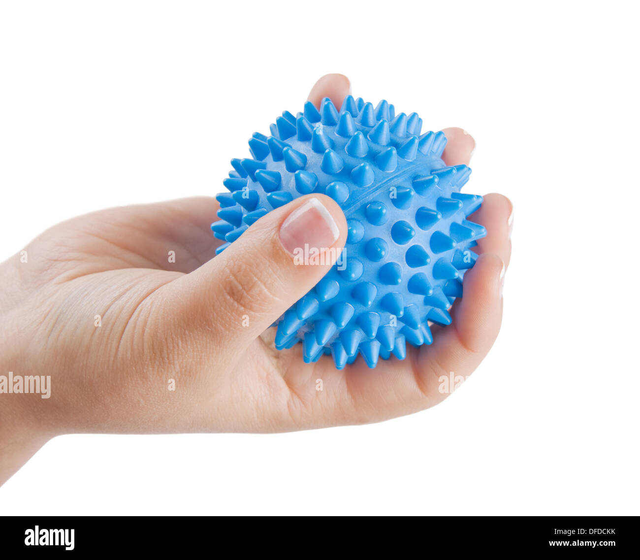 Woman's hand with Spiny plastic blue massage ball isolated on white background Stock Photo