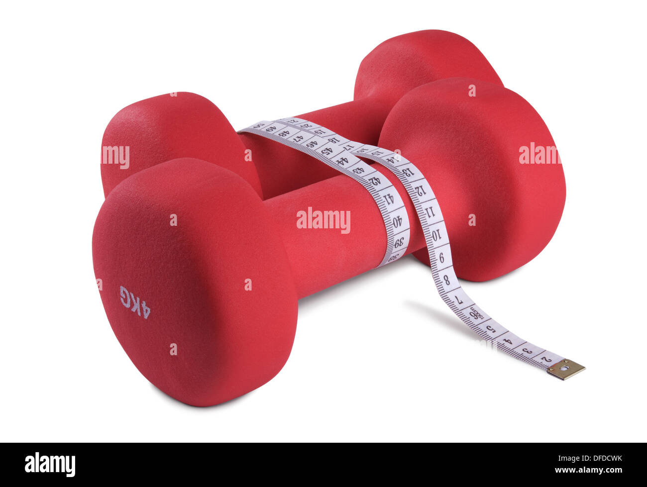 Two red plastic coated dumbbells isolated on white background Stock Photo
