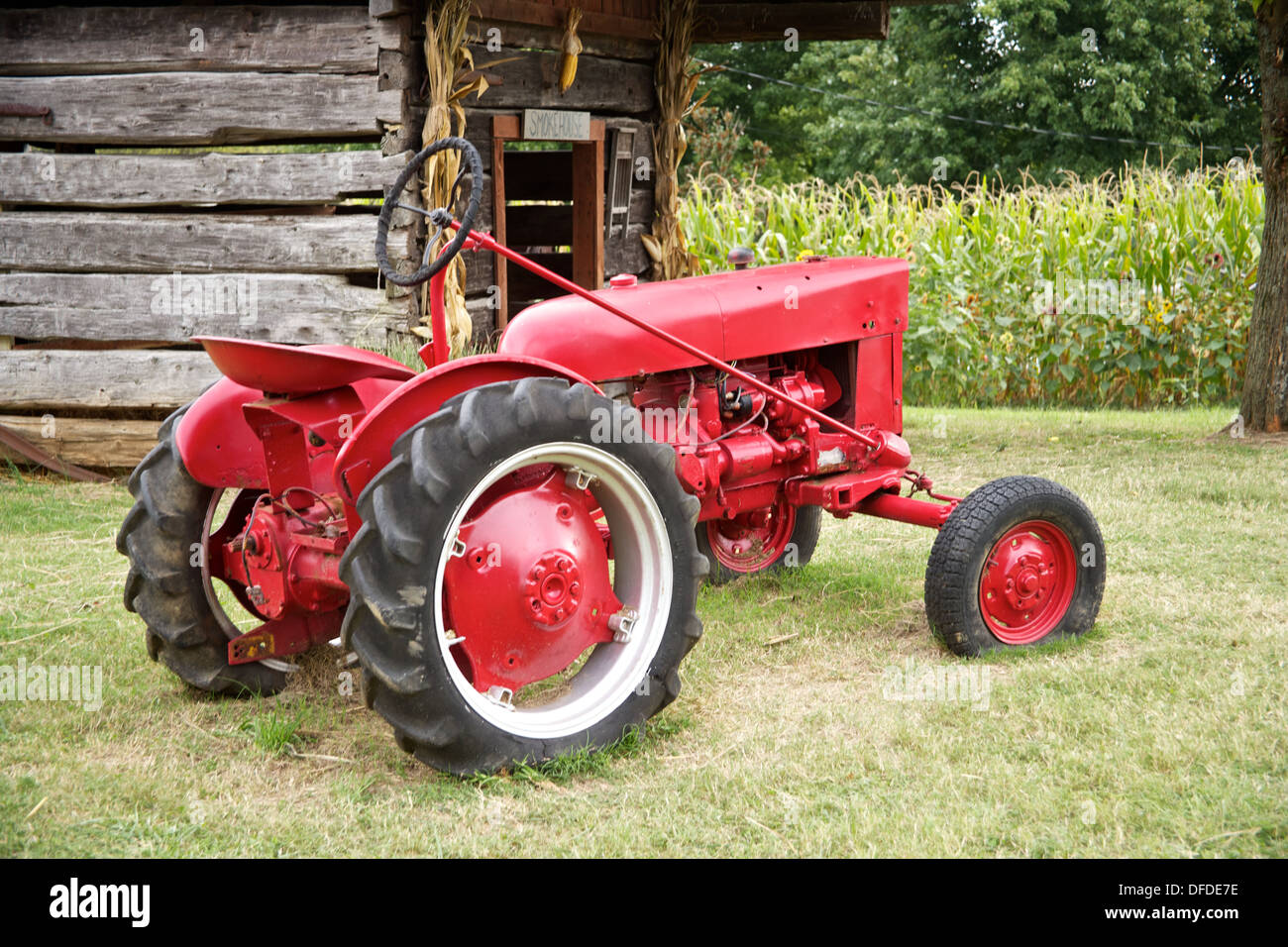 Big red old tractor on a farm with corn in the background Stock Photo ...