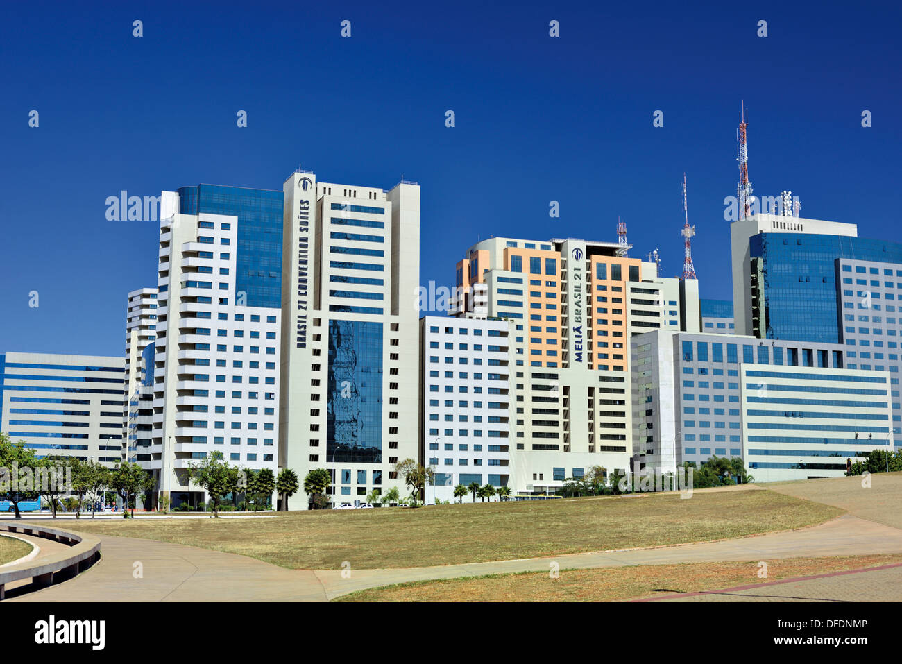 Brazil, Brasilia: Modern Hotel and Business towers of the northern wing Stock Photo