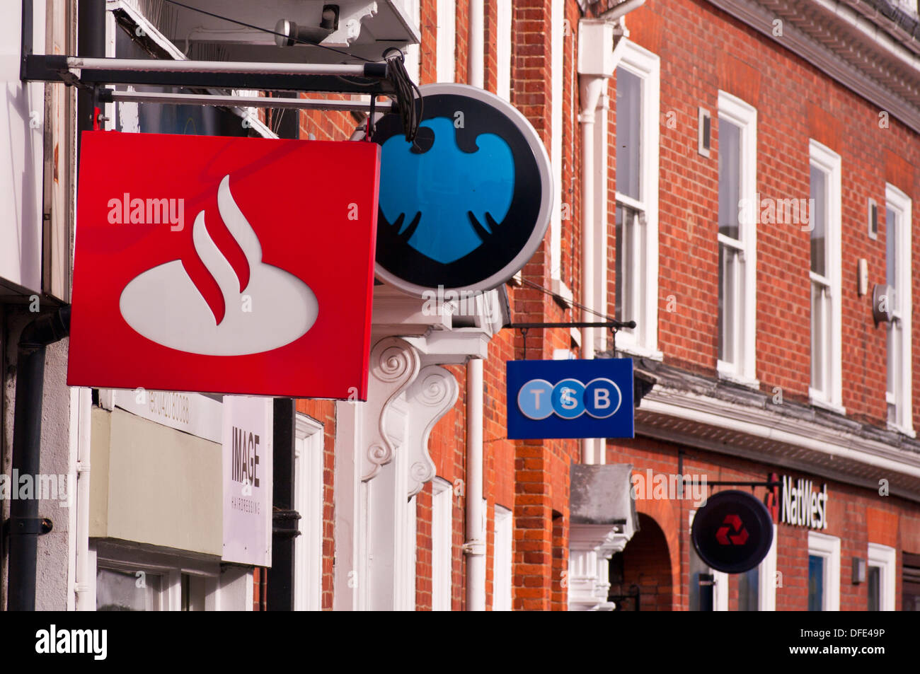 High Street Bank Signs (Focus on Santander Sign) Stock Photo