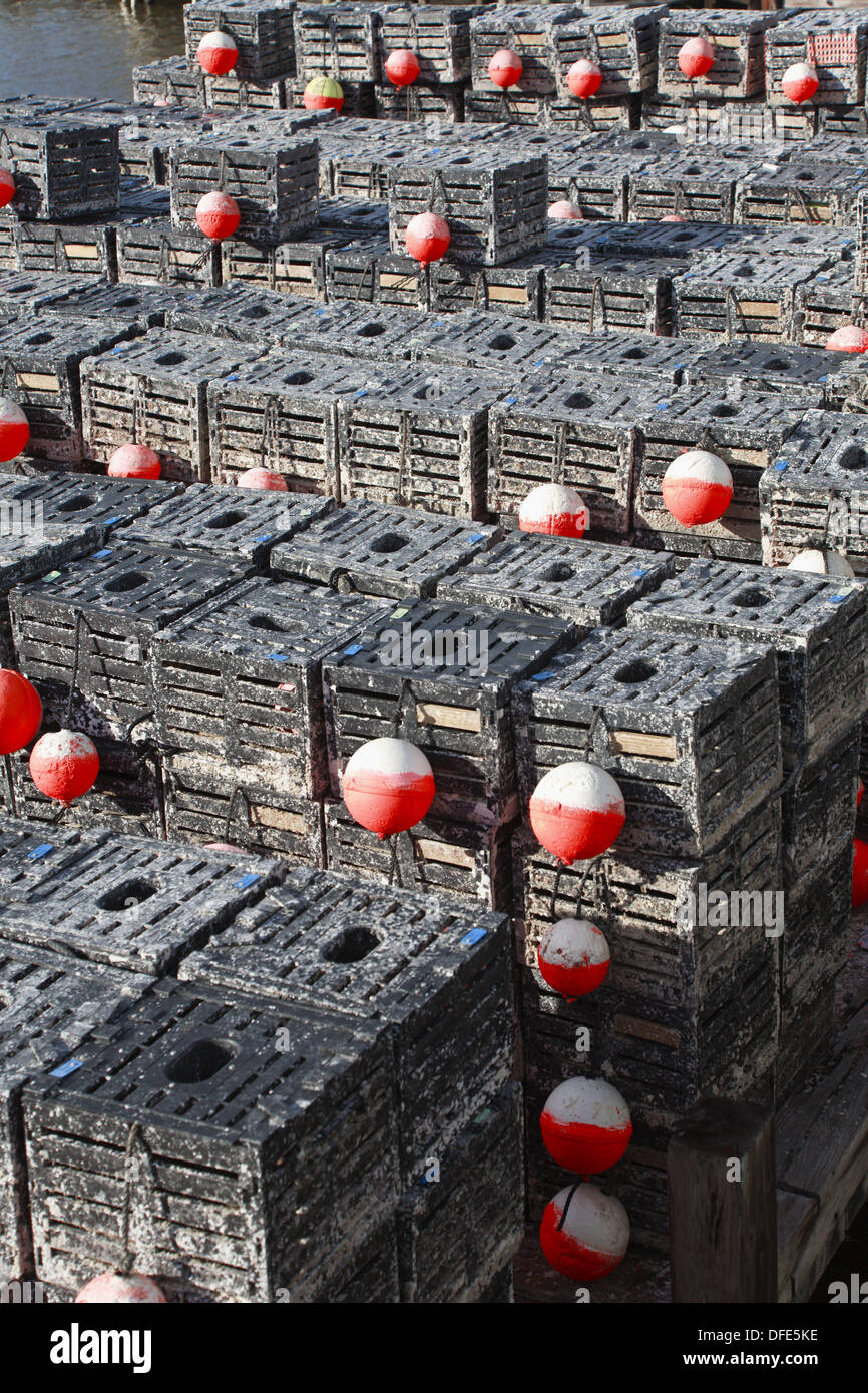 Crab traps stacked on commercial fishing pier in Cedar Key, Florida on