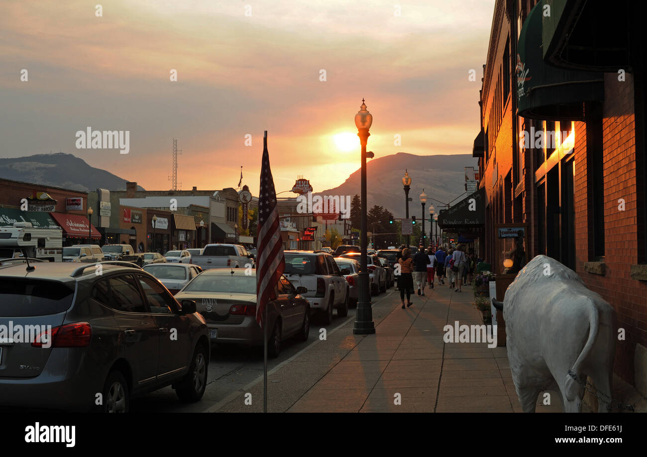 FILE - A file photo dated 23 September 2012 shows sunset on Main Street in Cody, Wyoming, USA. Photo: Reinhard Kaufhold Stock Photo