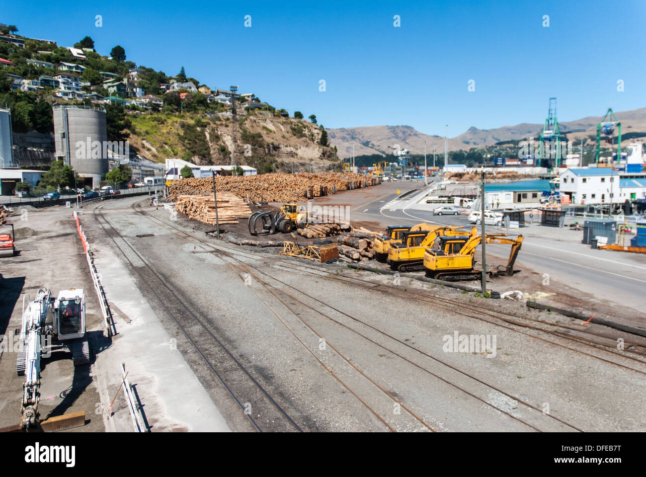 Timber yard and railway sidings, Lyttleton Stock Photo