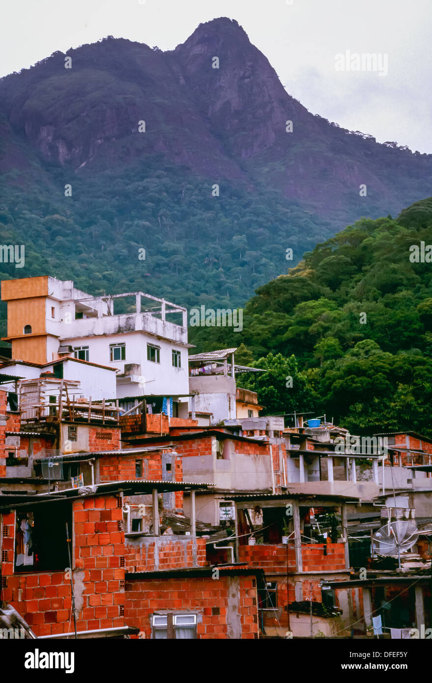 Favelas, slum dwellings on hills of the city of Rio de Janeiro, Brazil where poor people live Stock Photo