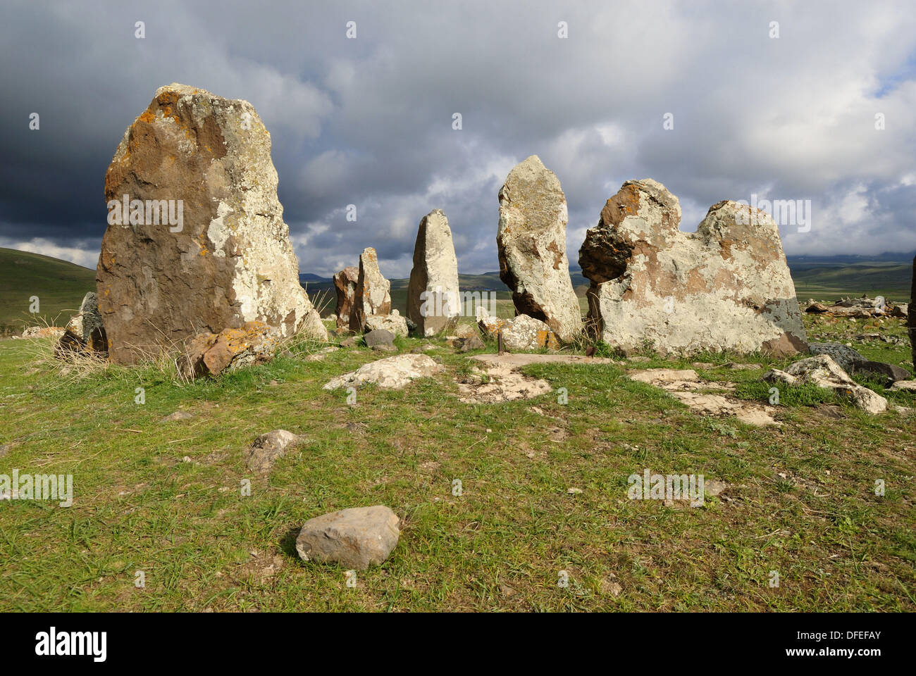 Zorats Karer, 6000 B.C. stoneage observatory, menhir of Karahunj, Cara Hunge, Armenia, Asia Stock Photo