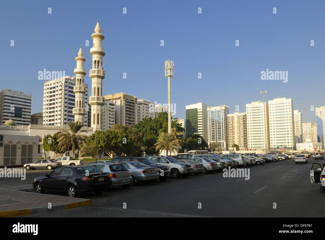 multistory buildings, skyscrapers at downtown Abu Dhabi City, Emirate Abu Dhabi, United Arab Emirates, UAE, Arabia, Middle Stock Photo