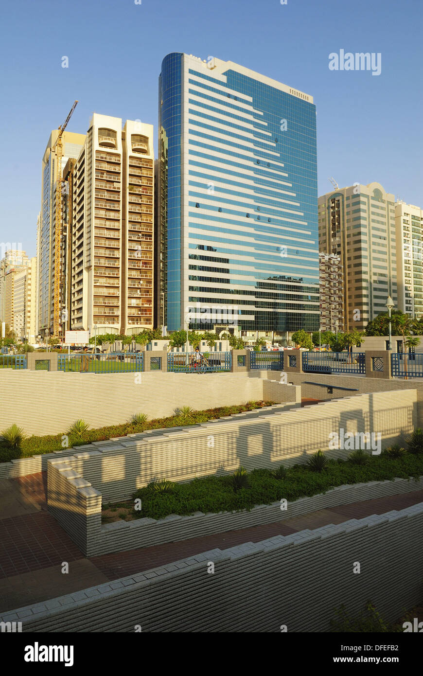 skyscraper, multistory buildings at the Corniche of Abu Dhabi, Emirate Abu Dhabi, United Arab Emirates, UAE, Arabia, Middle Stock Photo
