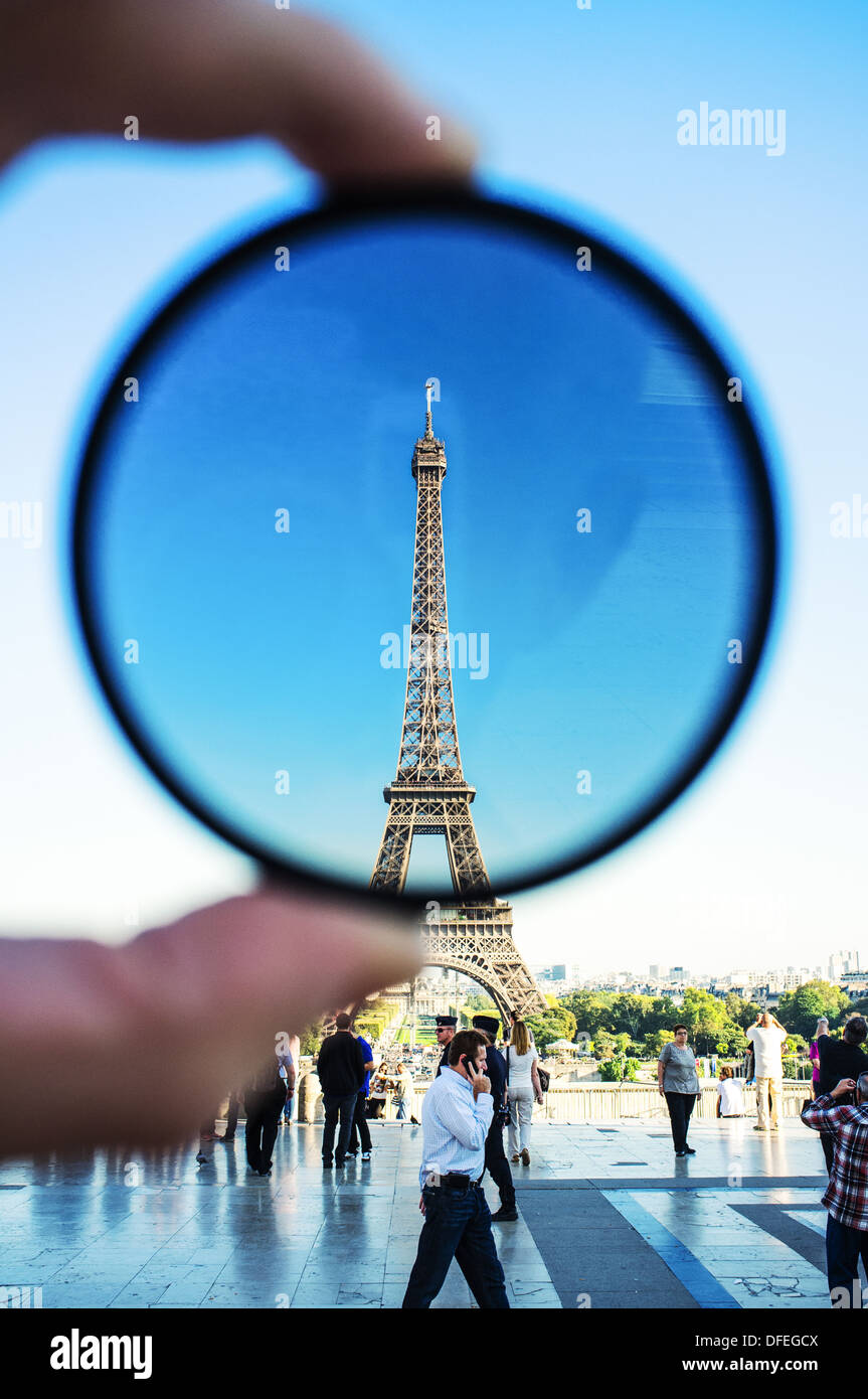 Demonstration of a polarizing filter in a photograph of the Eiffel Tower, Paris. Stock Photo