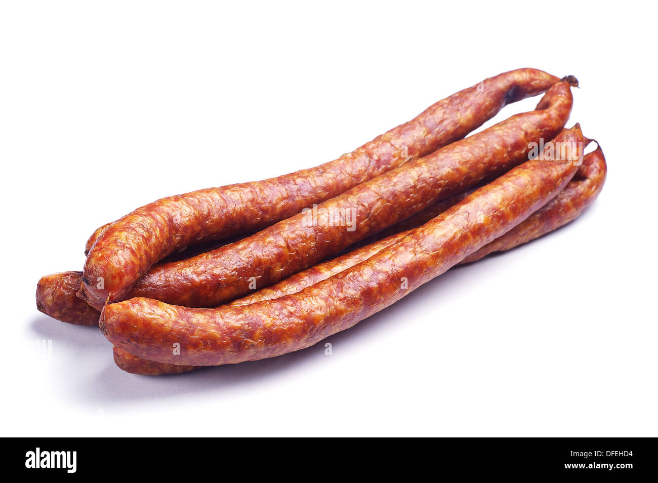 Homemade smoked sausage on white Stock Photo