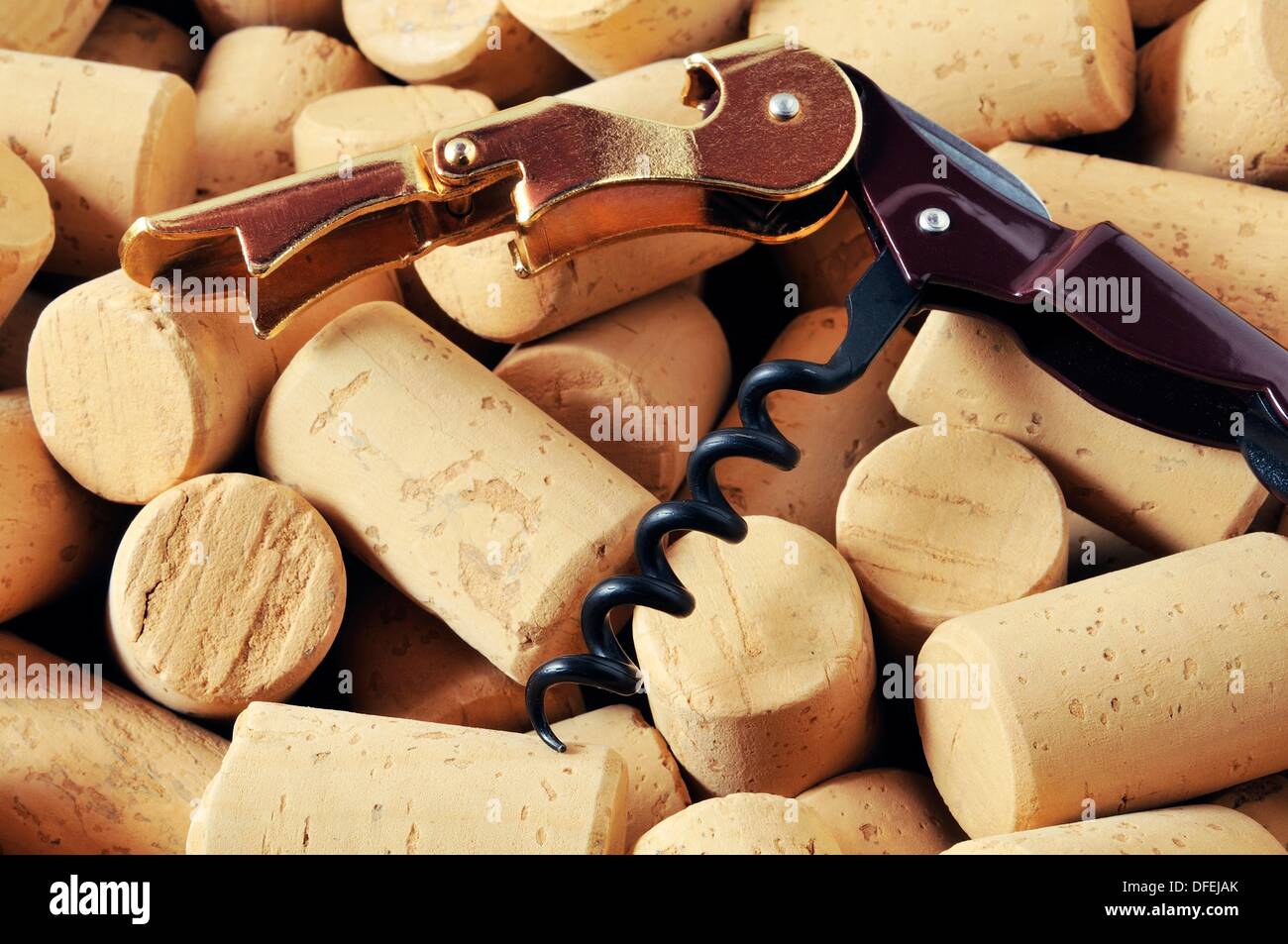 corkscrew over a pile of new corks Stock Photo Alamy