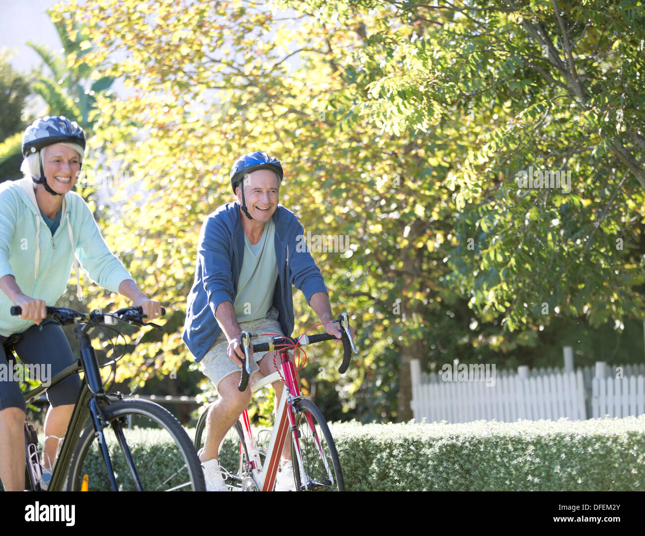 Senior couple riding bicycles in park Stock Photo