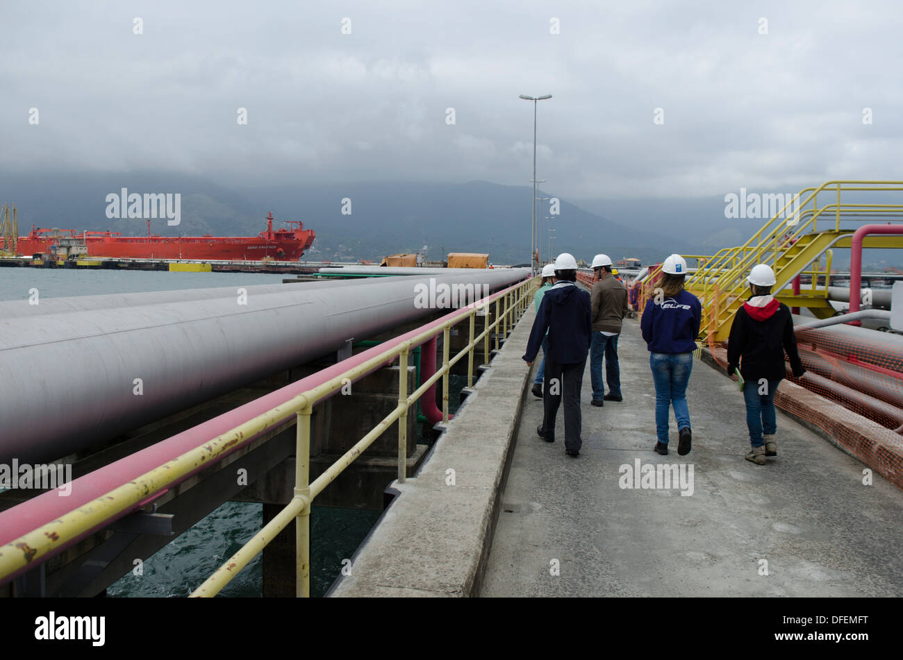 oil and gas pipes inside TEBAR oil terminal at Sao Sebastiao, shore of Sao Paulo state, Brazil Stock Photo