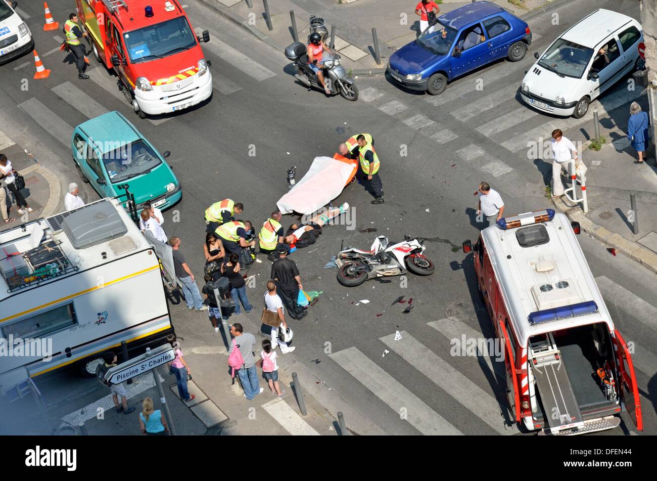 Motorbike accident: firemen vehicules recueing, Marseille, France Stock  Photo - Alamy
