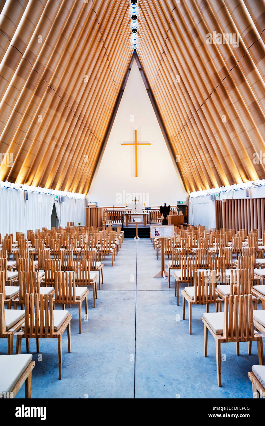 The interior of the new transitional cardboard cathedral, designed by Shigeru Ban, in the city of Christchurch, South Island, New Zealand Stock Photo