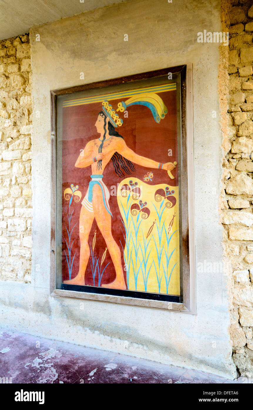 The 'prince of Lilies' fresco copy in the South entrance corridor - Knossos palace - Crete, Greece. Stock Photo