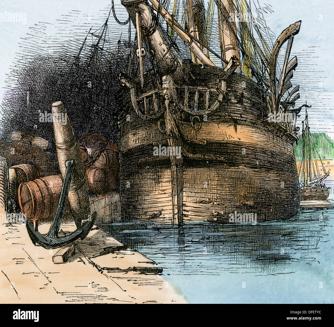 Old whaling-ship at a New Bedford wharf, Massachusetts, 1800s. Hand-colored woodcut Stock Photo