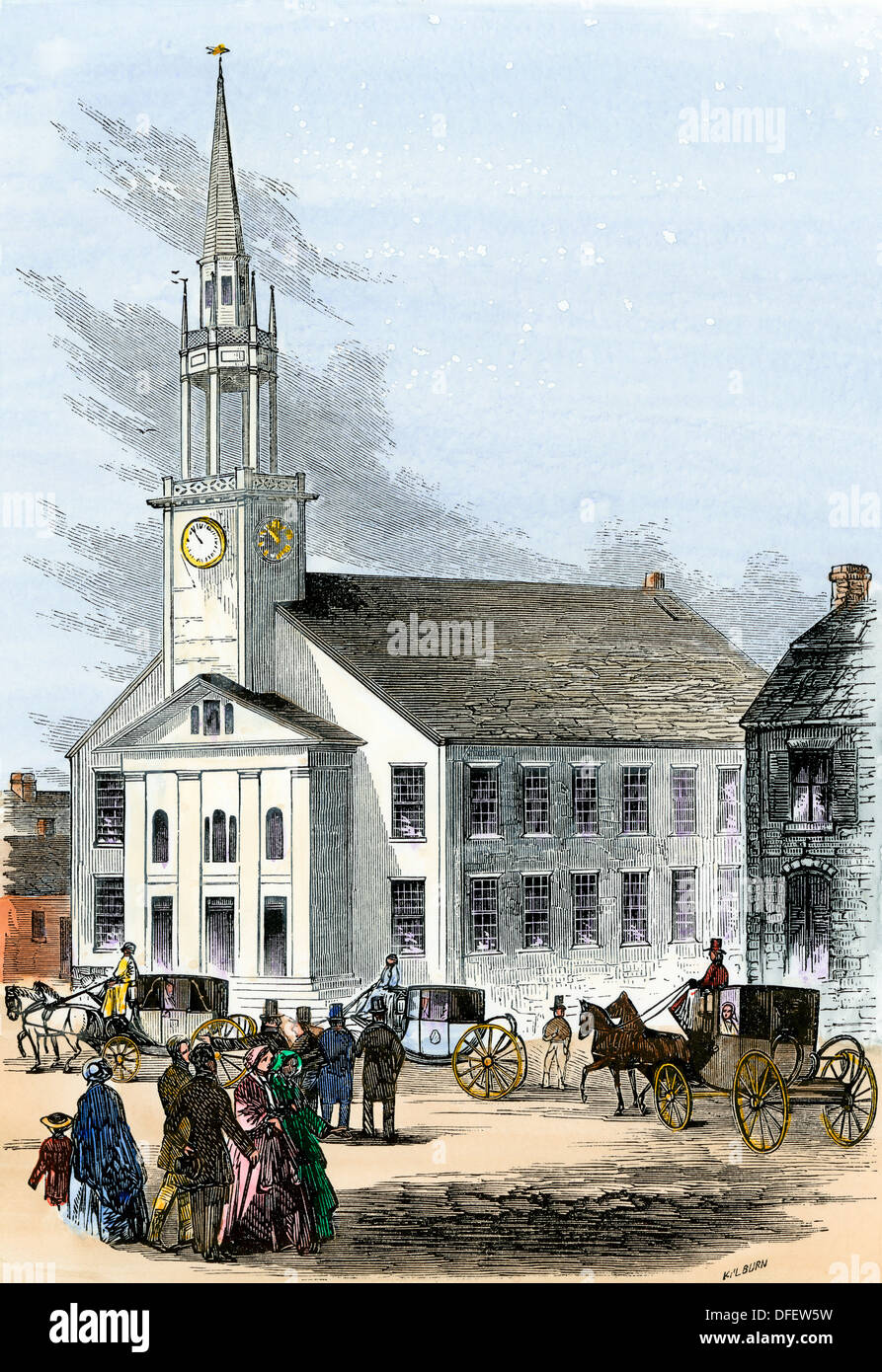 Carriages on the street by Old South Church in Newburyport, Massachusetts, 1850s. Hand-colored woodcut Stock Photo