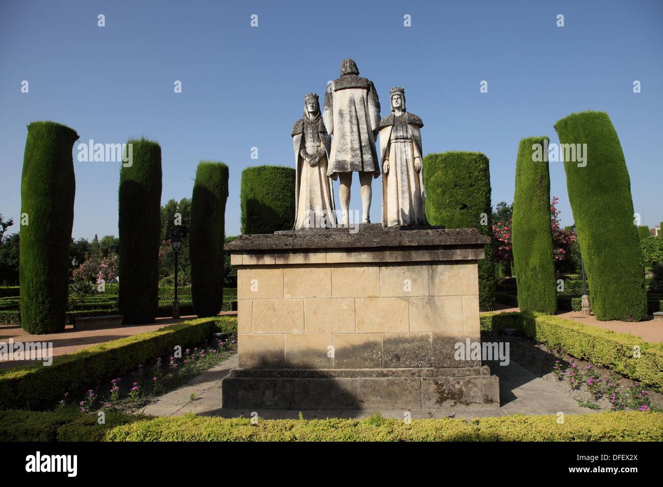 Statues of Queen Isabella, King Ferdinand and Christopher Columbus in the Alcazar gardens