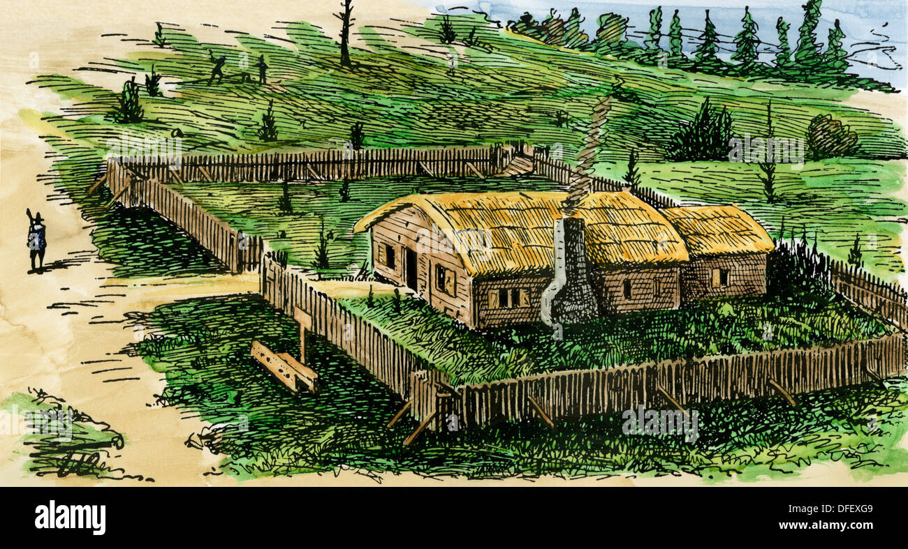 William Bradford's house in Plymouth Colony, 1621. Hand-colored woodcut Stock Photo