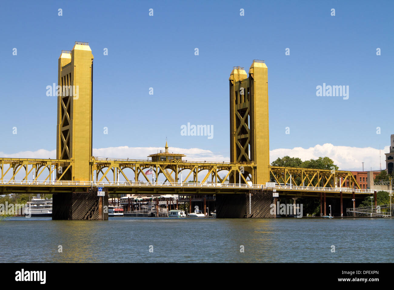 Tower Bridge is a vertical lift bridge in Sacramento, California and spans the Sacramento River and is on the National Register. Stock Photo