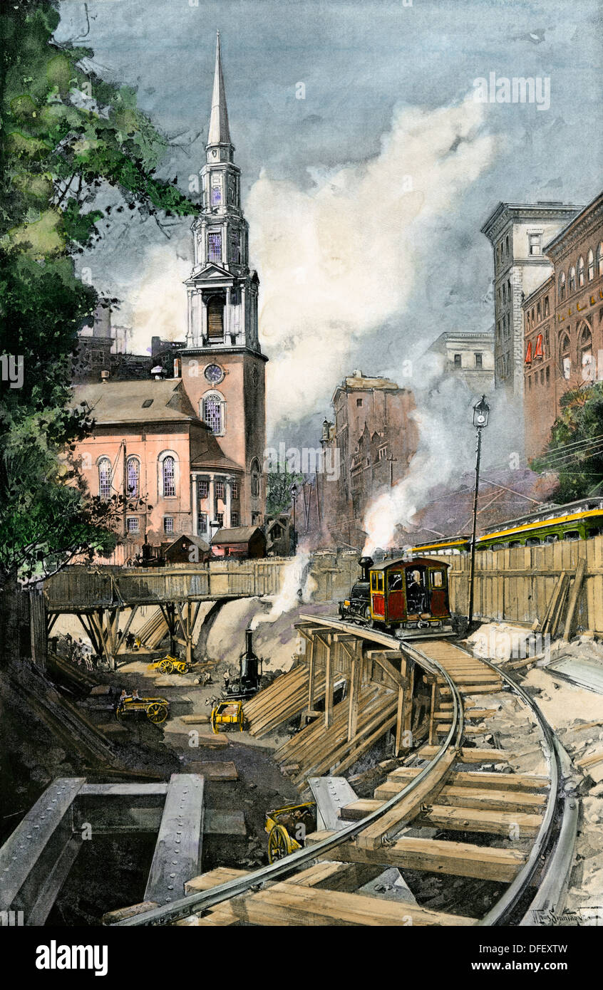 Excavating Park Street subway station, Boston, 1896. Hand-colored woodcut Stock Photo