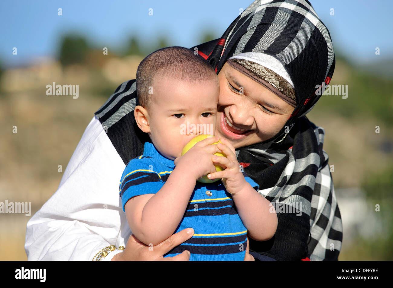 Outdoor portrait of of happy mother and Child Stock Photo