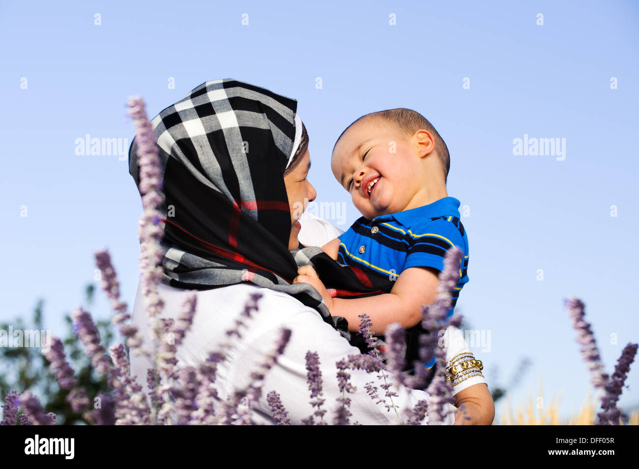 Outdoor portrait of of happy mother and Child Stock Photo