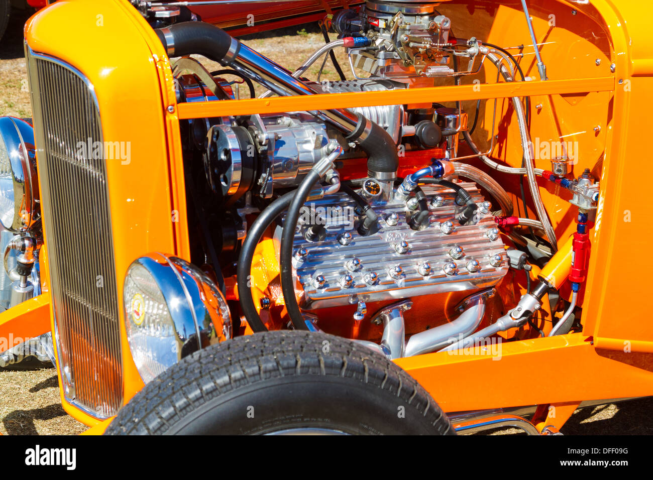 Closeup of 1949 Mercury engine installed in a 1932 Ford hot-rod. Stock Photo