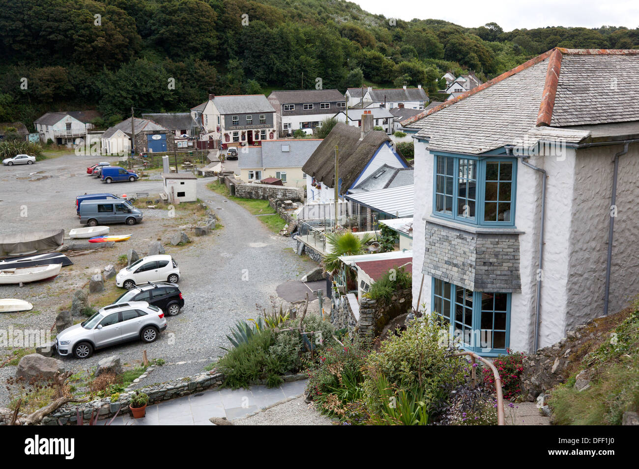 View of the village and beach, Porthallow, Cornwall Stock Photo Alamy