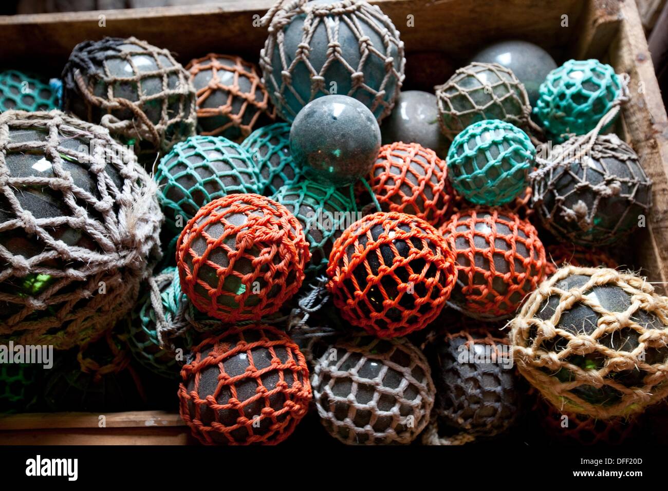 Old glass floats in the warehouse of the lighthouse in Bøvær village, Senja island, Troms county