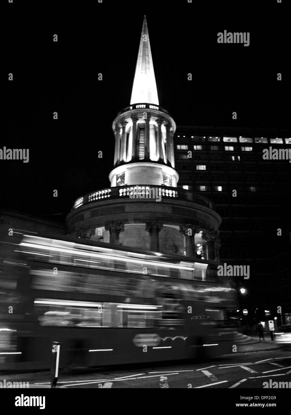 Double-decker bus in front of All Souls Church at night, Langham Place, London, England, United Kingdom Stock Photo