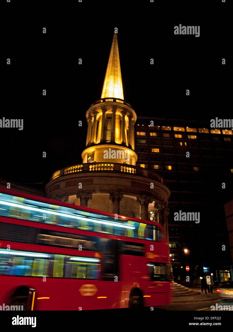 Double-decker bus in front of All Souls Church at night, Langham Place, London, England, United Kingdom Stock Photo